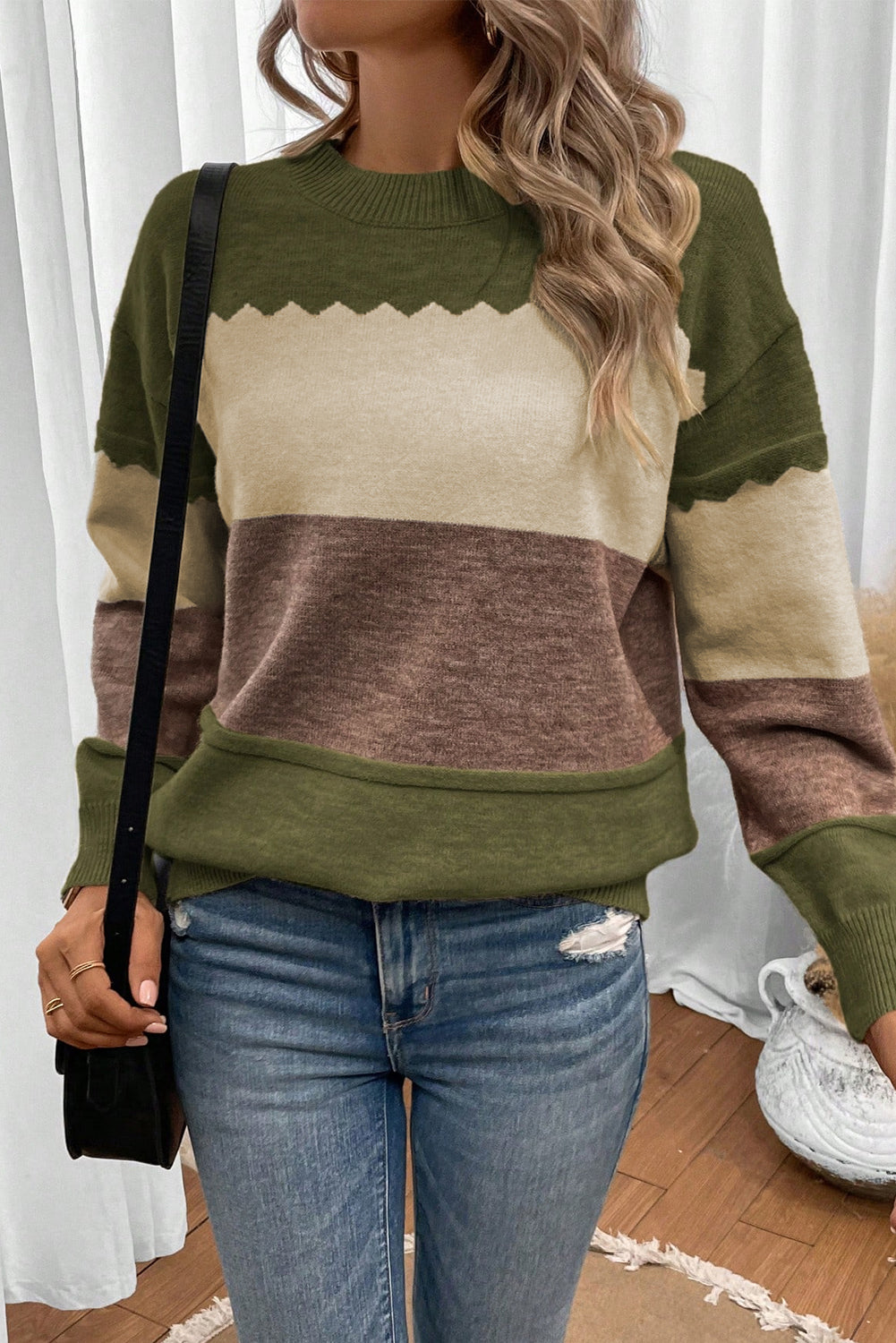 Brown Colorblock Crew Neck Drop Shoulder Knit Sweater Dear-Lover Dropshipping